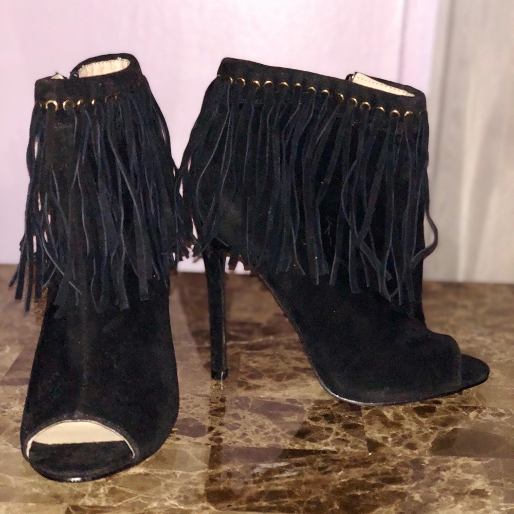 Black Suede Fringe Booties